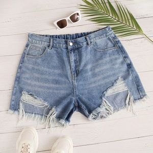 Shein Blue Ripped Raw Hem Denim Shorts Sz 2X